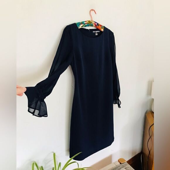 Karl Lagerfeld Paris | Navy Chiffon Sleeve crepe sheath dress | size 4 - Picture 10 of 10